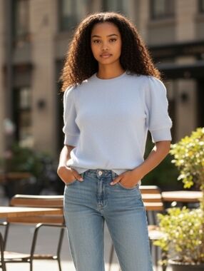 Light Blue Puff Sleeve Knit Top